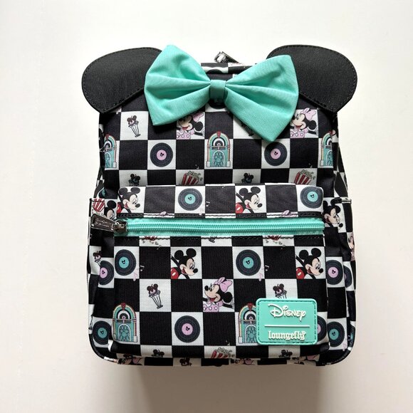 Loungefly Mickey & Minnie Date Night Diner Checkered Nylon Square Mini Backpack - Picture 5 of 7